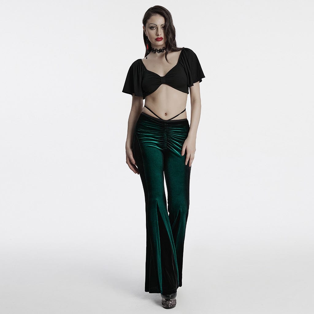 PUNK RAVE Women's Gothic Contrast Color Drawstring Velvet Flared Pants Green