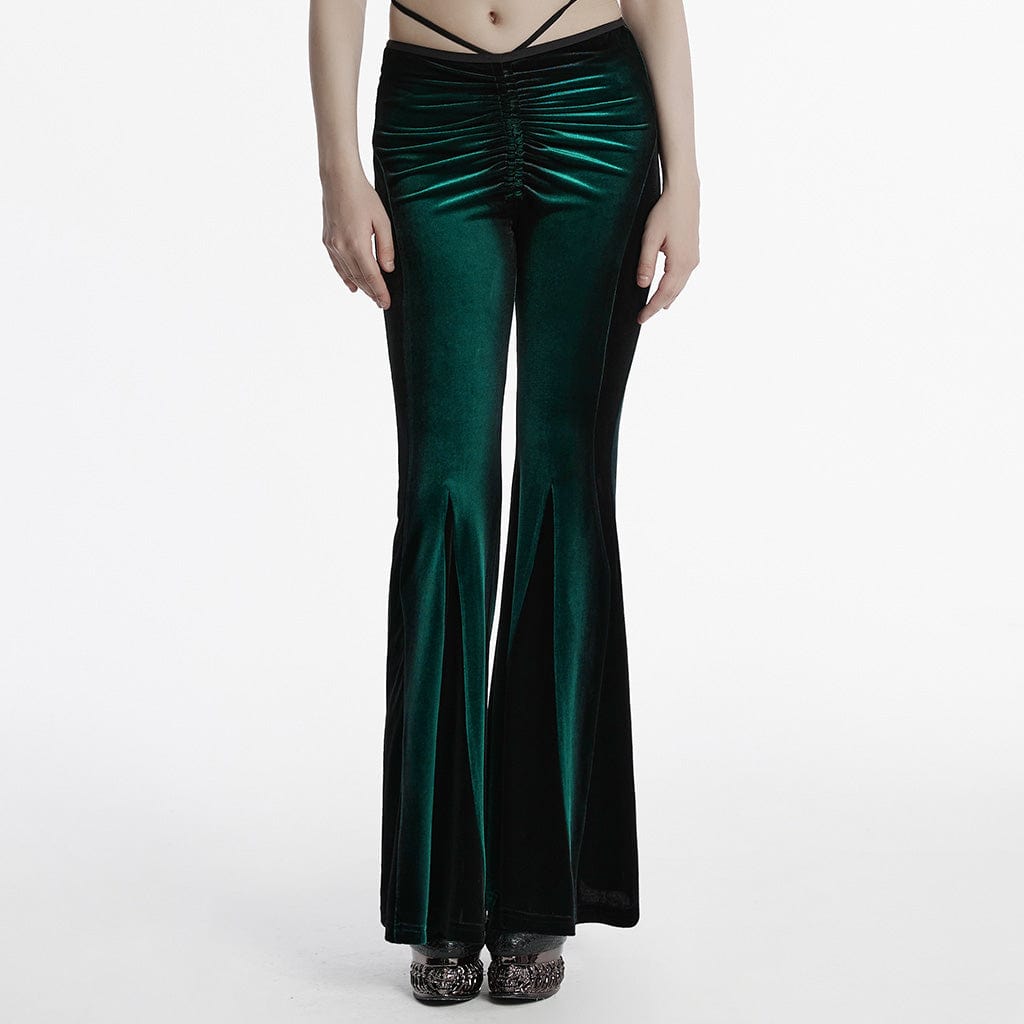 PUNK RAVE Women's Gothic Contrast Color Drawstring Velvet Flared Pants Green