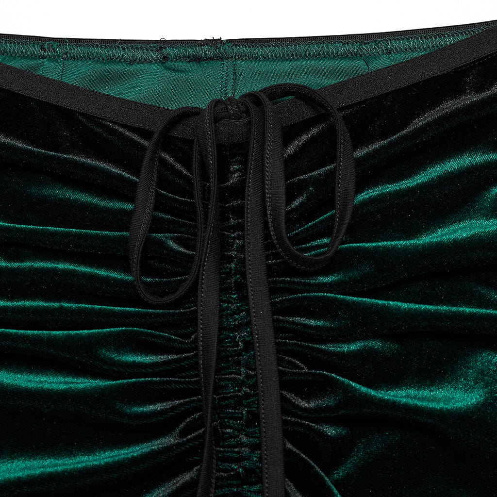 PUNK RAVE Women's Gothic Contrast Color Drawstring Velvet Flared Pants Green