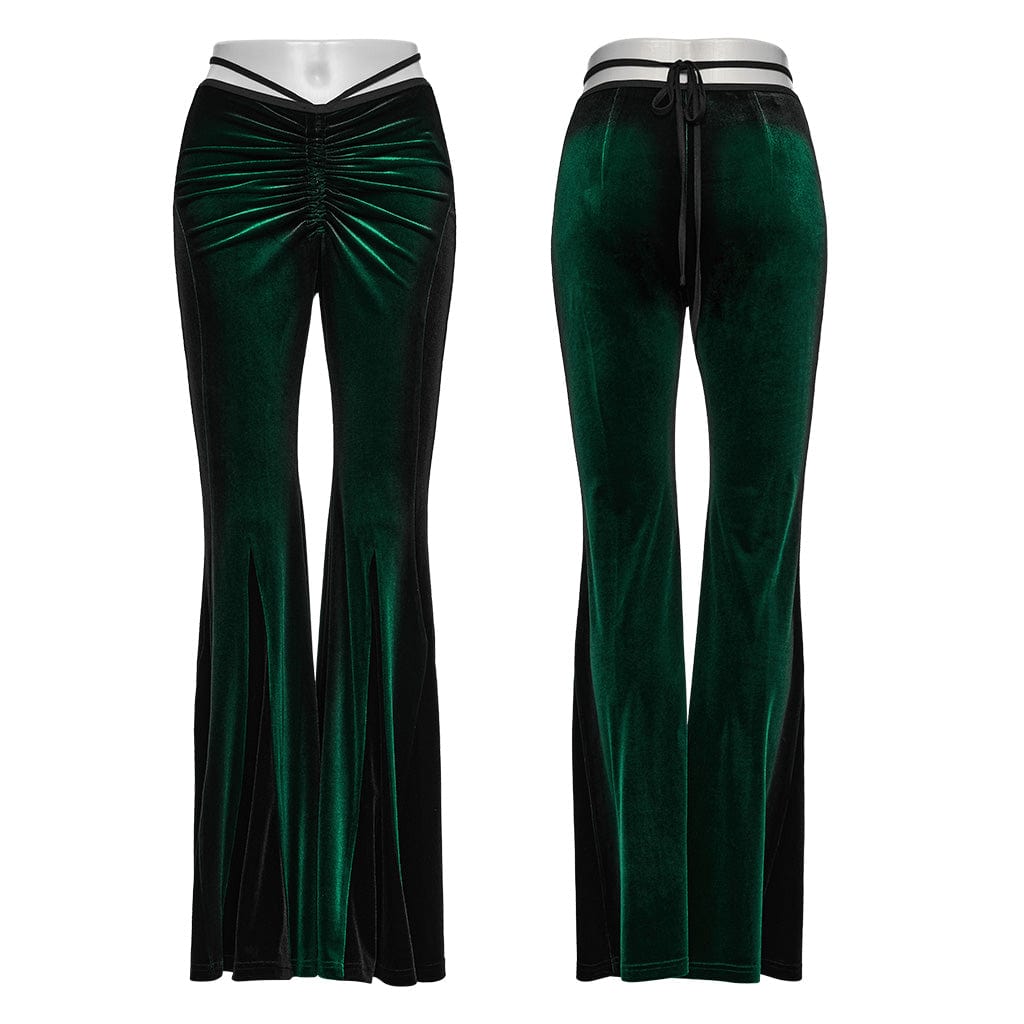 PUNK RAVE Women's Gothic Contrast Color Drawstring Velvet Flared Pants Green