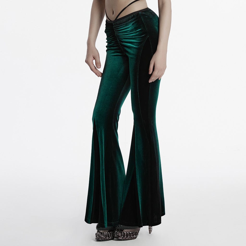 PUNK RAVE Women's Gothic Contrast Color Drawstring Velvet Flared Pants Green