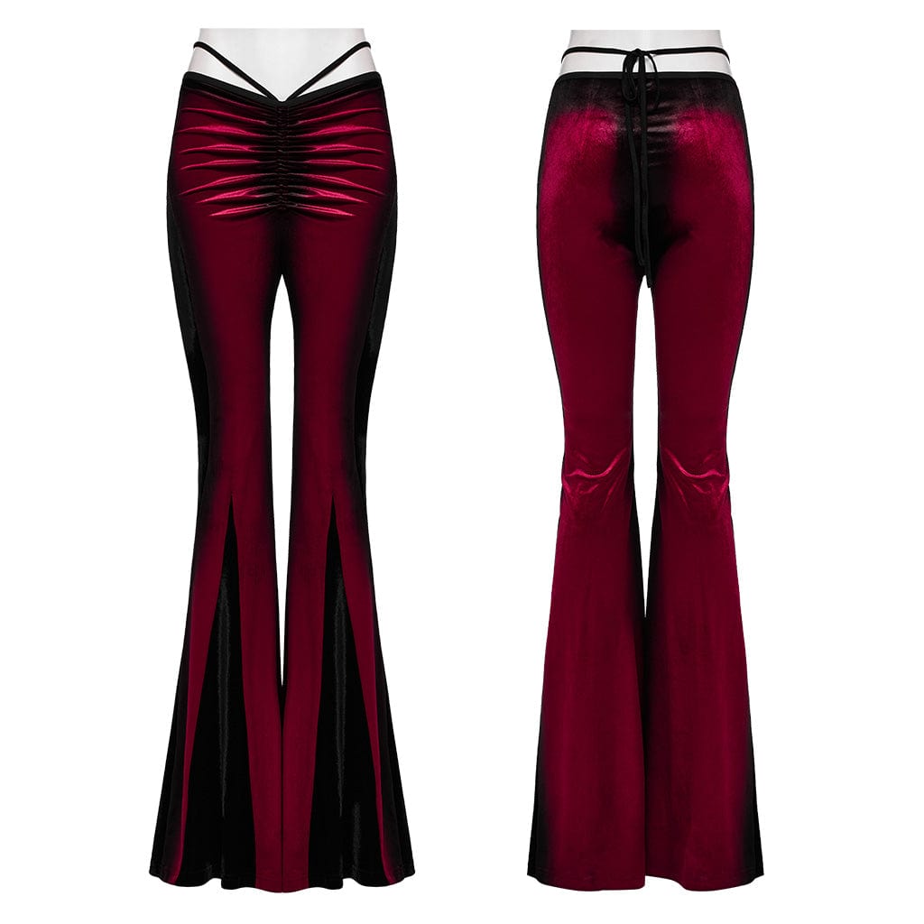 PUNK RAVE Women's Gothic Contrast Color Drawstring Velvet Flared Pants Red