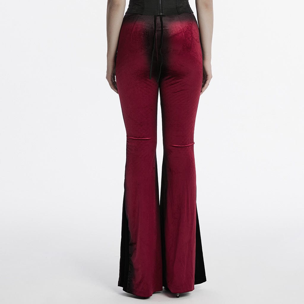 PUNK RAVE Women's Gothic Contrast Color Drawstring Velvet Flared Pants Red