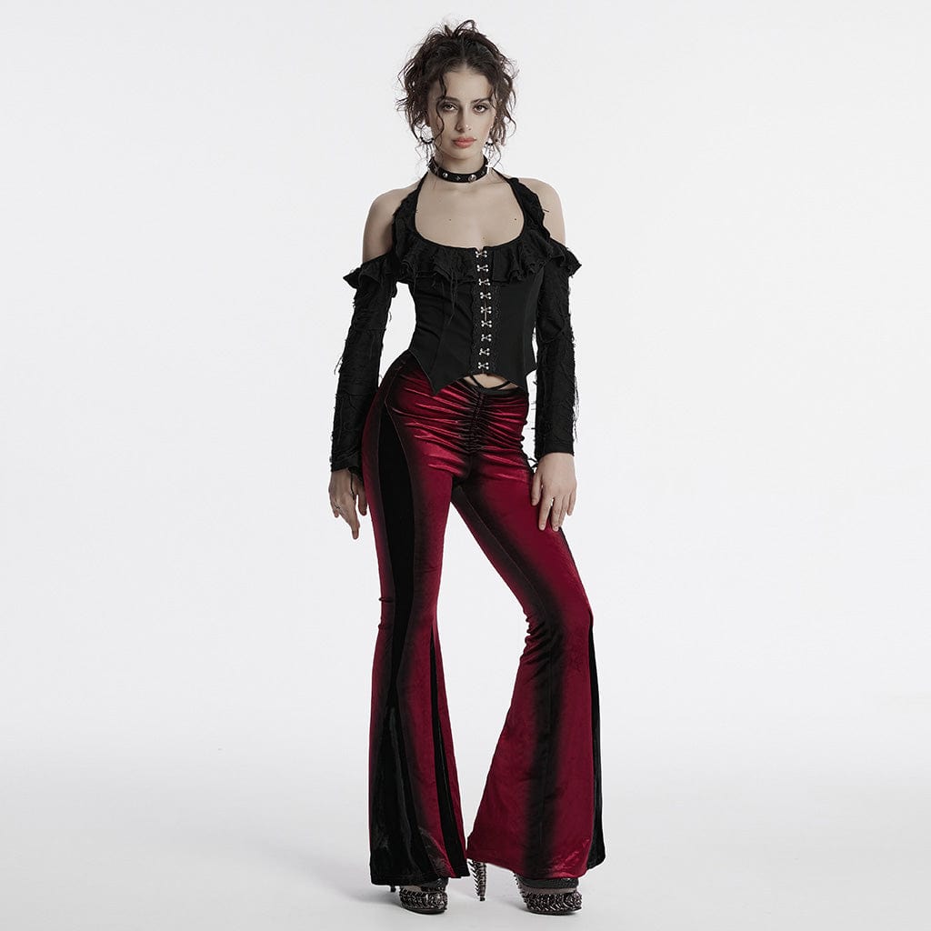 PUNK RAVE Women's Gothic Contrast Color Drawstring Velvet Flared Pants Red