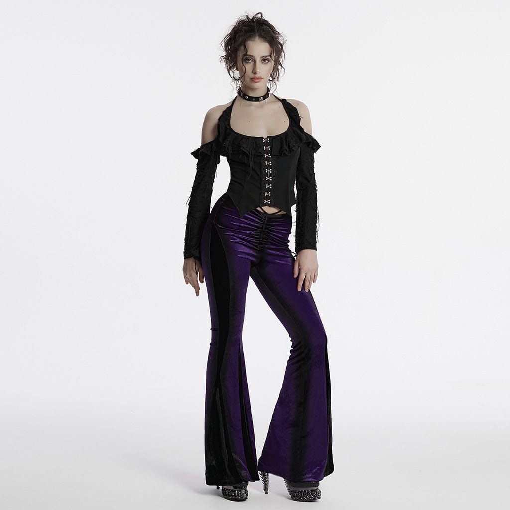 PUNK RAVE Women's Gothic Contrast Color Drawstring Velvet Flared Violet