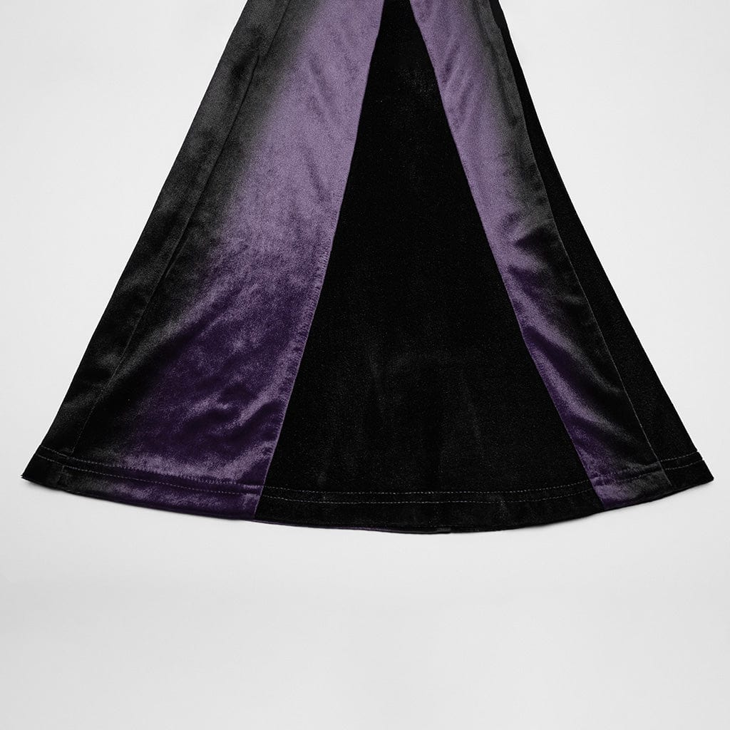 PUNK RAVE Women's Gothic Contrast Color Drawstring Velvet Flared Violet