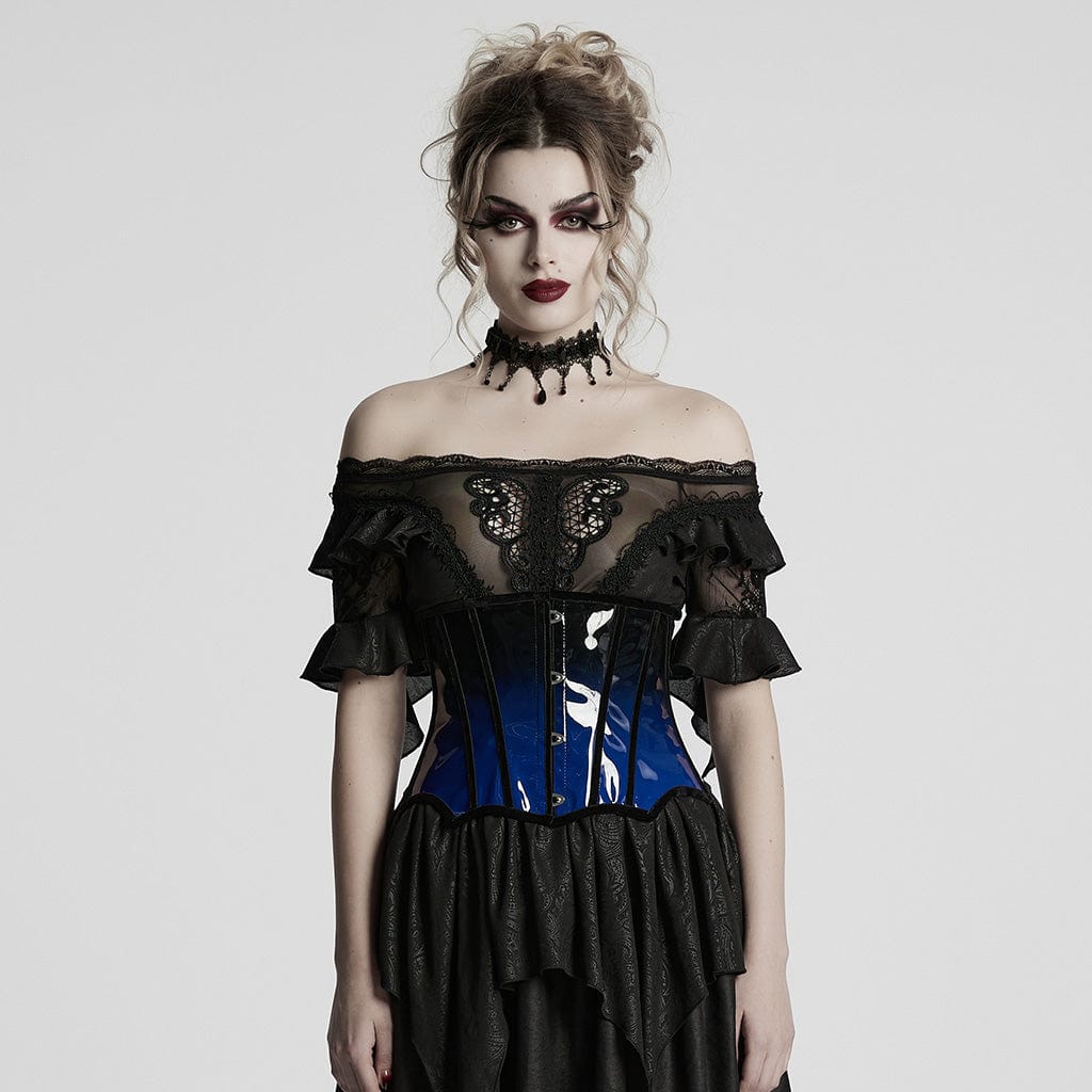 Women's Gothic Contrast Color Patent Leather Underbust Corset Blue Punk Design Women's Gothic Contrast Color Patent Leather Underbust Corset Blue Punk Design