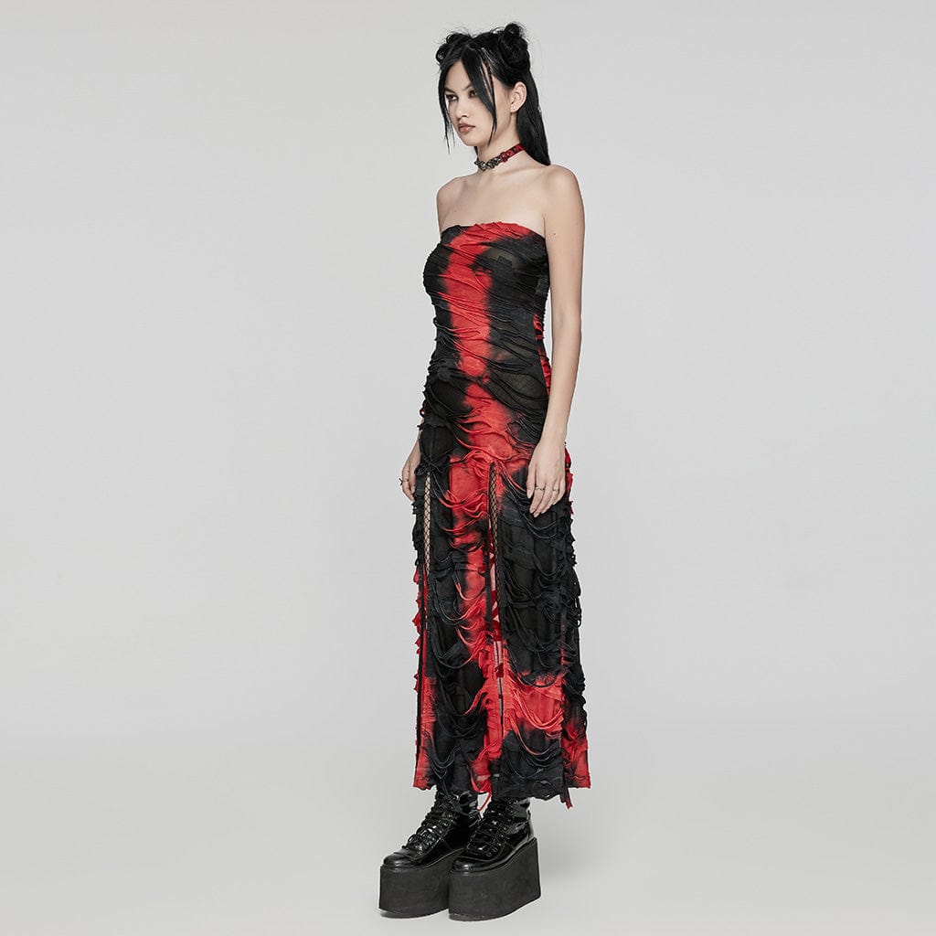 PUNK RAVE Women's Gothic Contrast Color Ripped Split Party Dress