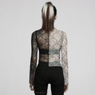 PUNK RAVE Women's Gothic Contrast Color Sheer Floral Lace Shirt
