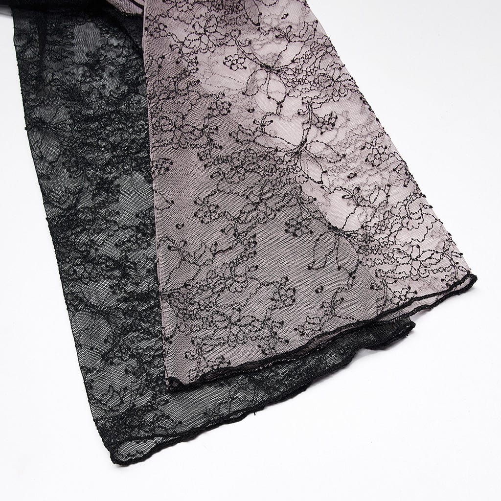 PUNK RAVE Women's Gothic Contrast Color Sheer Floral Lace Shirt