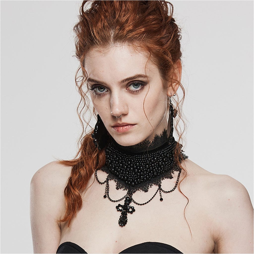 PUNK RAVE Women's Gothic Crosee Beaded Lace Hem Choker