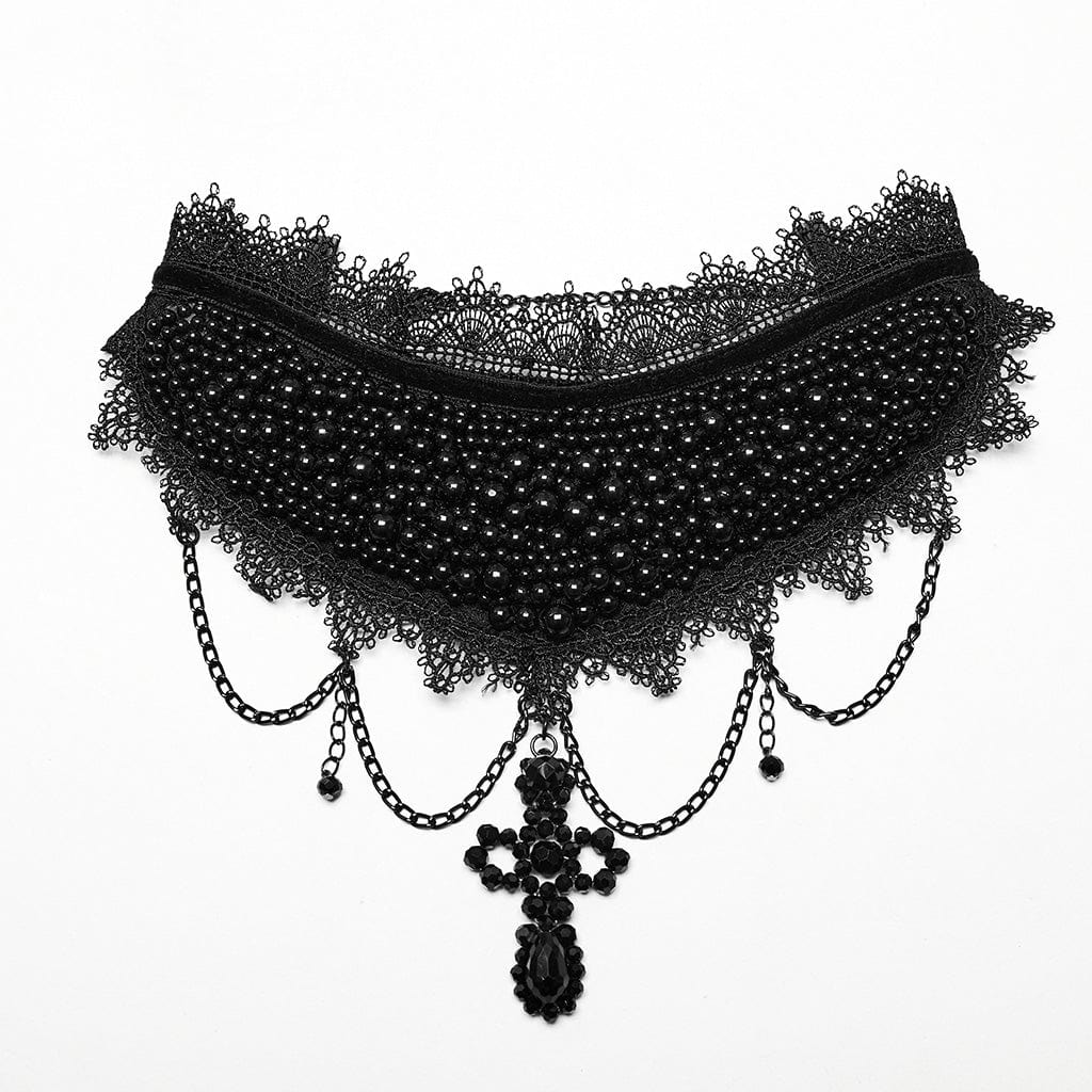 PUNK RAVE Women's Gothic Crosee Beaded Lace Hem Choker