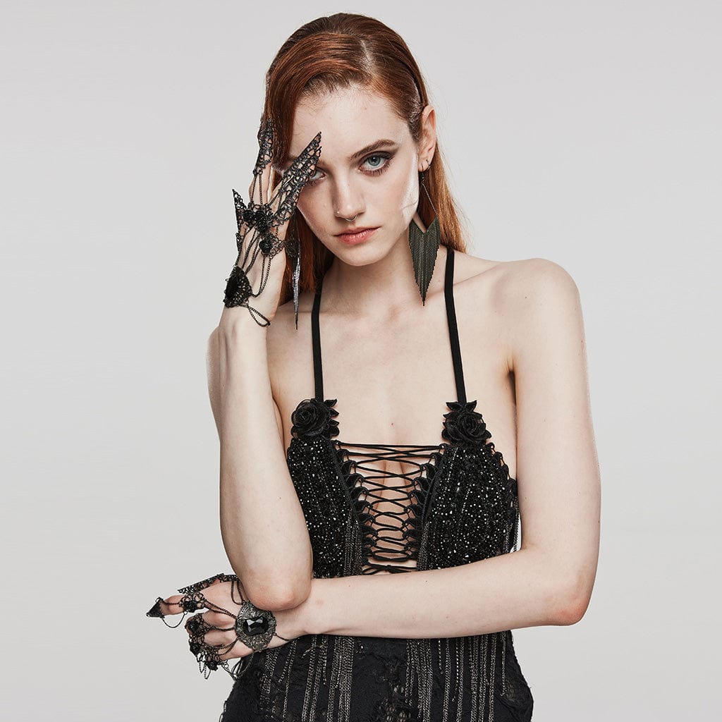 PUNK RAVE Women's Gothic Crosee Beaded Lace Hem Choker