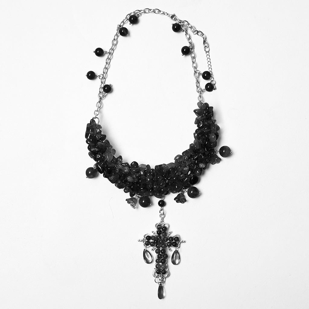 PUNK RAVE Women's Gothic Cross Beaded Necklace Black