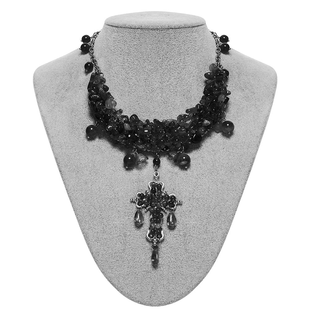 PUNK RAVE Women's Gothic Cross Beaded Necklace Black