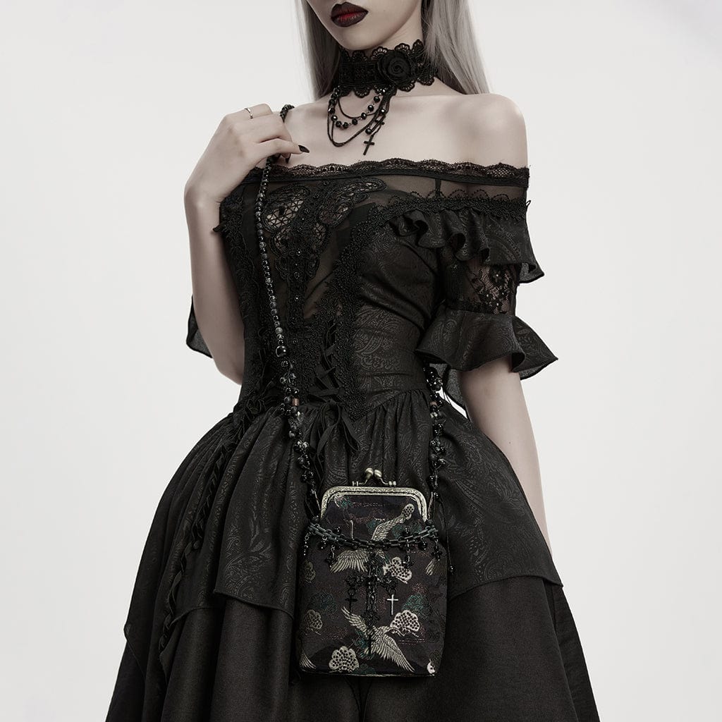 PUNK RAVE Women's Gothic Cross Chain Embroidered Bag