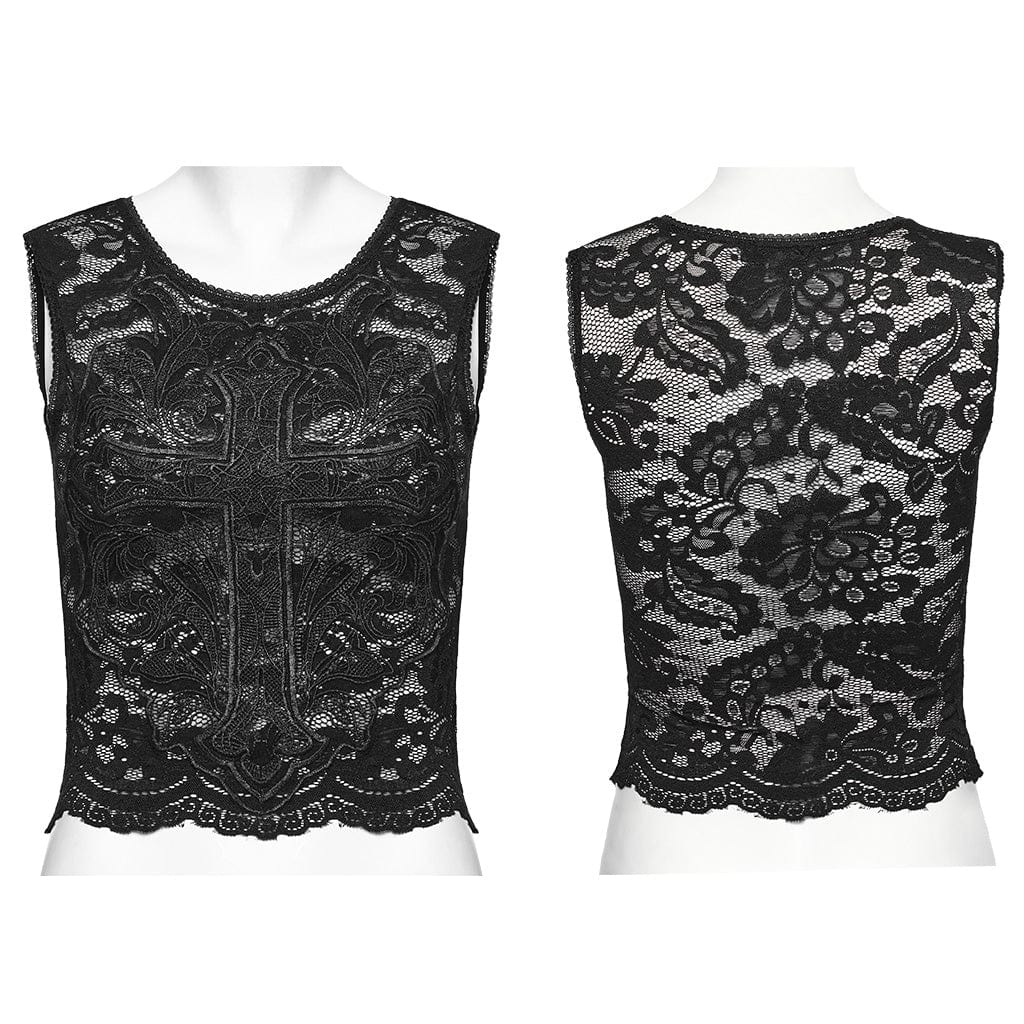 PUNK RAVE Women's Gothic Cross Embroidered Lace Tank Top