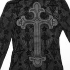 PUNK RAVE Women's Gothic Cross Flocking Mesh Sheer T-shirt