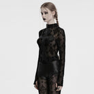 PUNK RAVE Women's Gothic Cross Flocking Mesh Sheer T-shirt