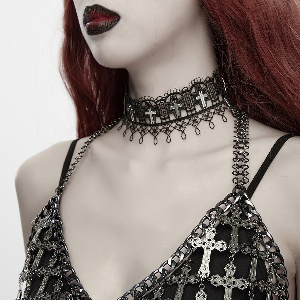 PUNK RAVE Women's Gothic Cross Lace Choker