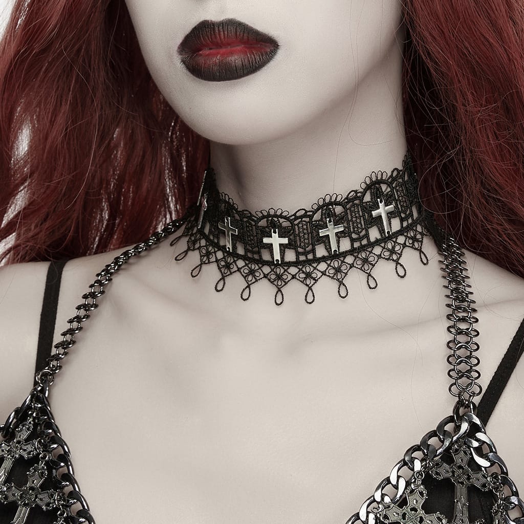 PUNK RAVE Women's Gothic Cross Lace Choker