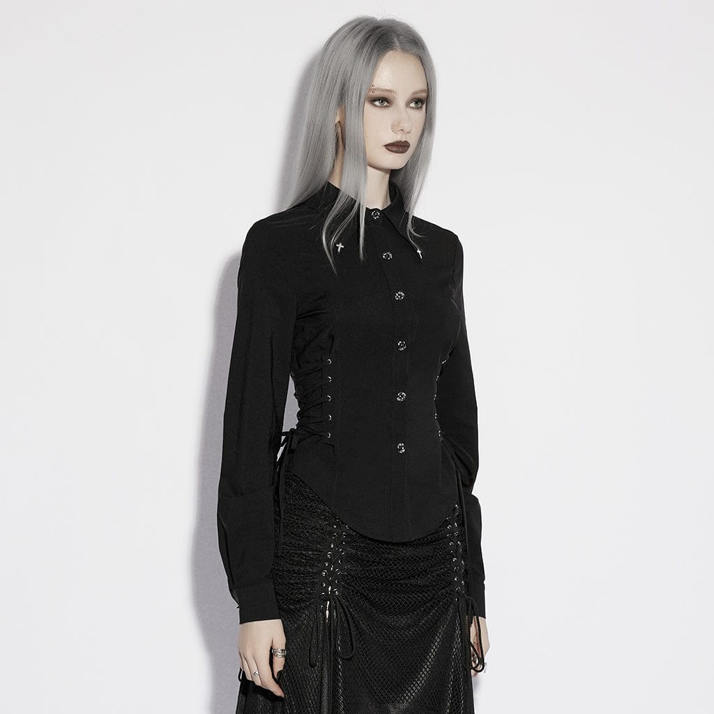 Women's Gothic Cross Lace-up Turn-down Collar Shirt – Punk Design