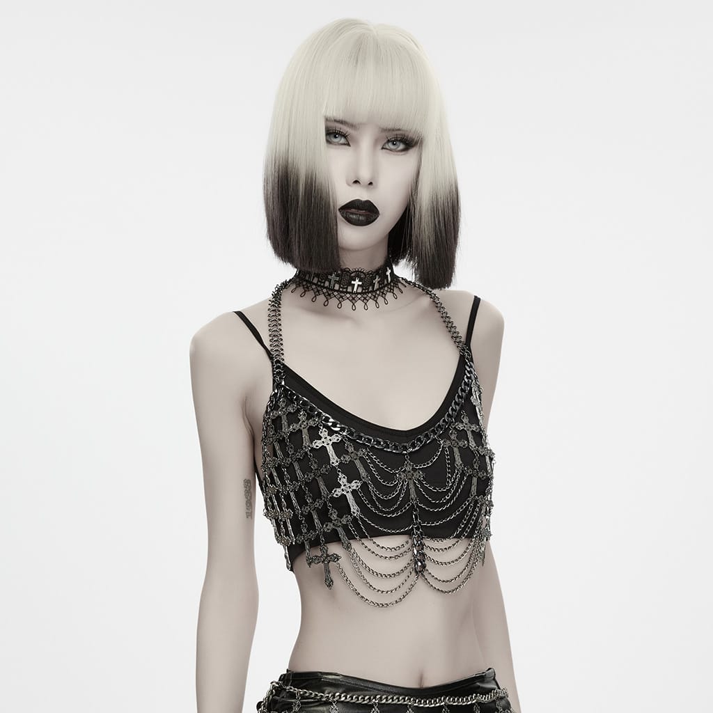 PUNK RAVE Women's Gothic Cross Layered Chain Chest Body Harness