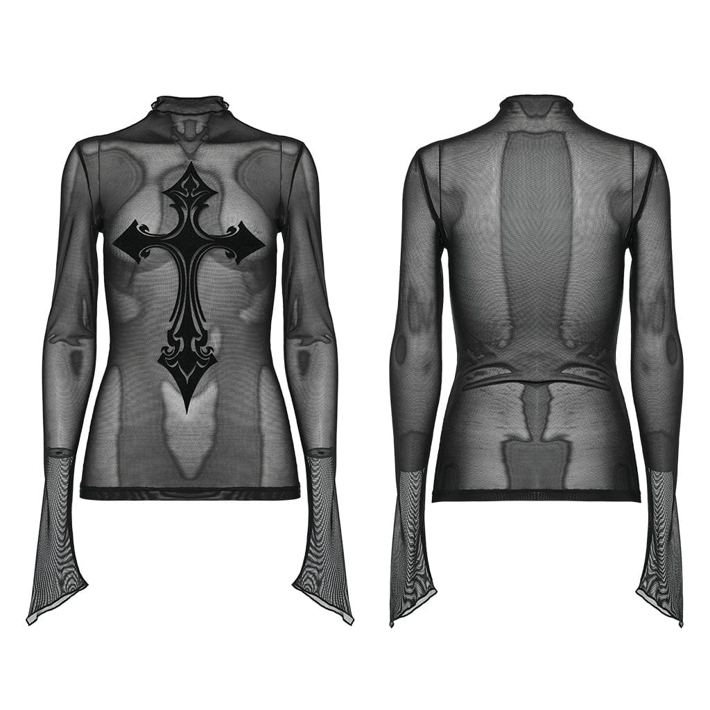 PUNK RAVE Women's Gothic Cross Mesh Shirt