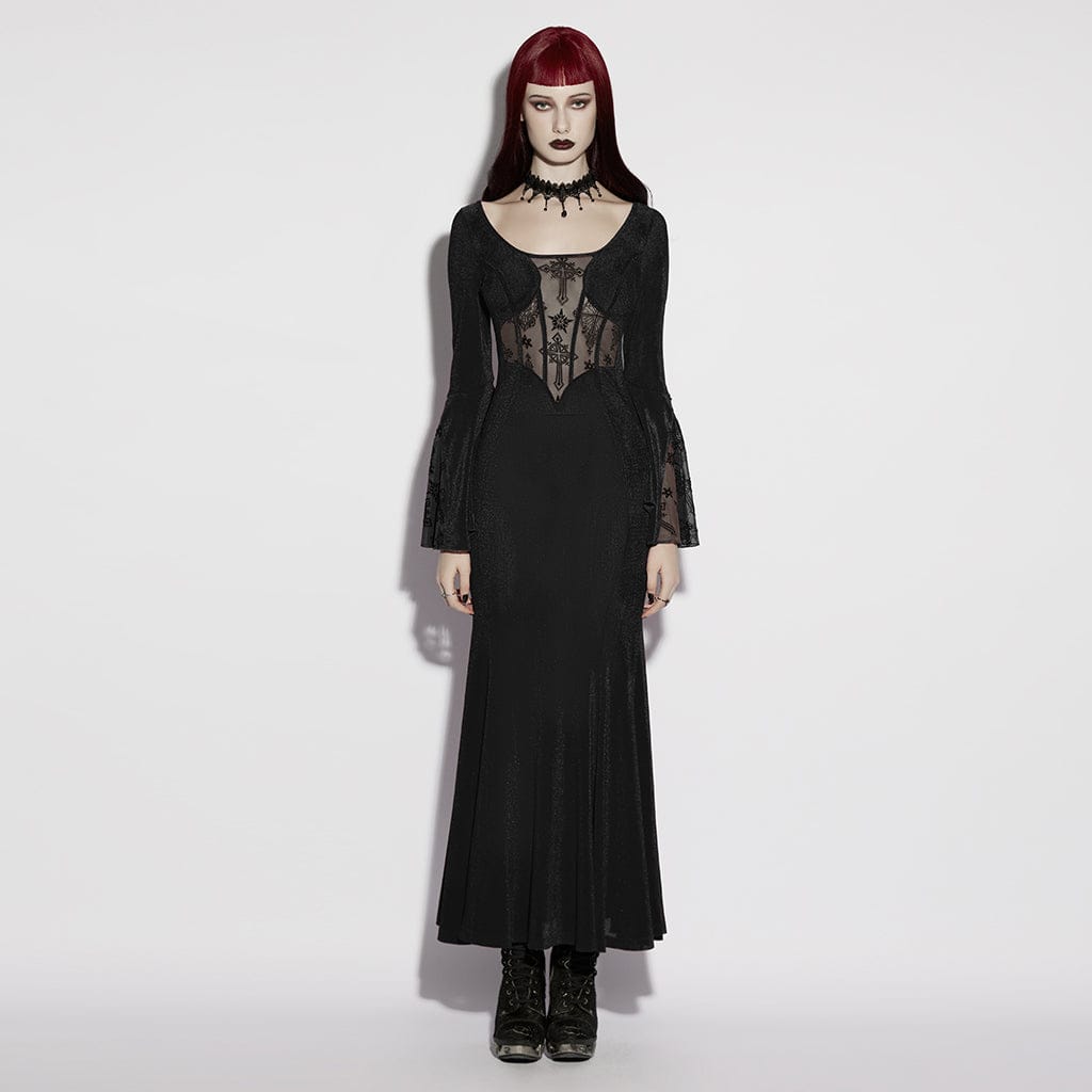 goth graduation dress Women's Gothic Cross Square-cut Collar Flared Sleeved Black – Punk Design goth graduation pictures