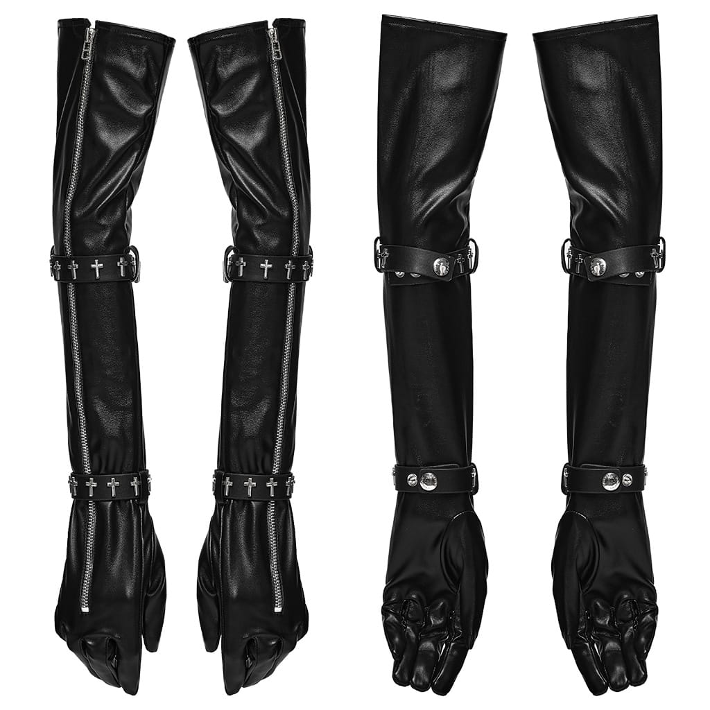 PUNK RAVE Women's Gothic Cross Strap Zipper Long Gloves