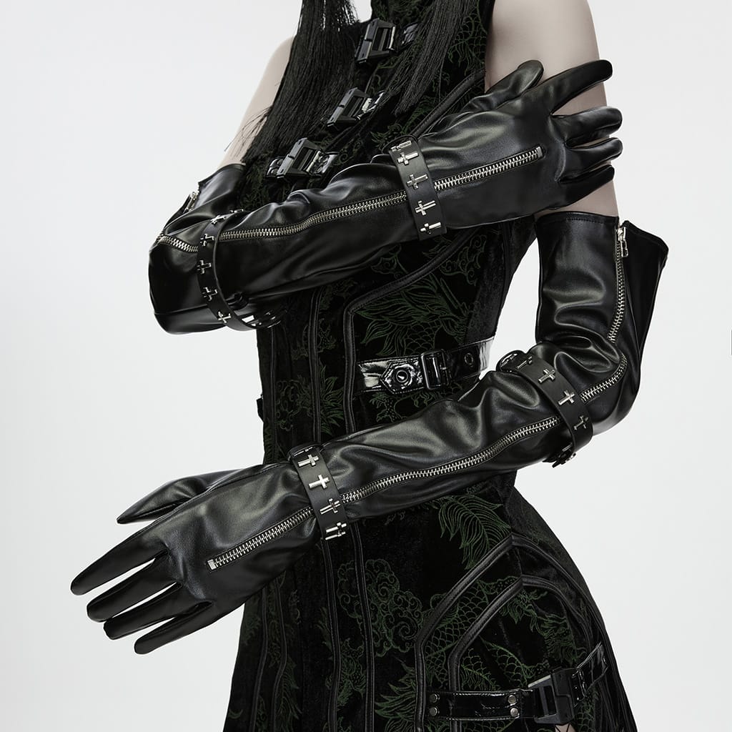 PUNK RAVE Women's Gothic Cross Strap Zipper Long Gloves