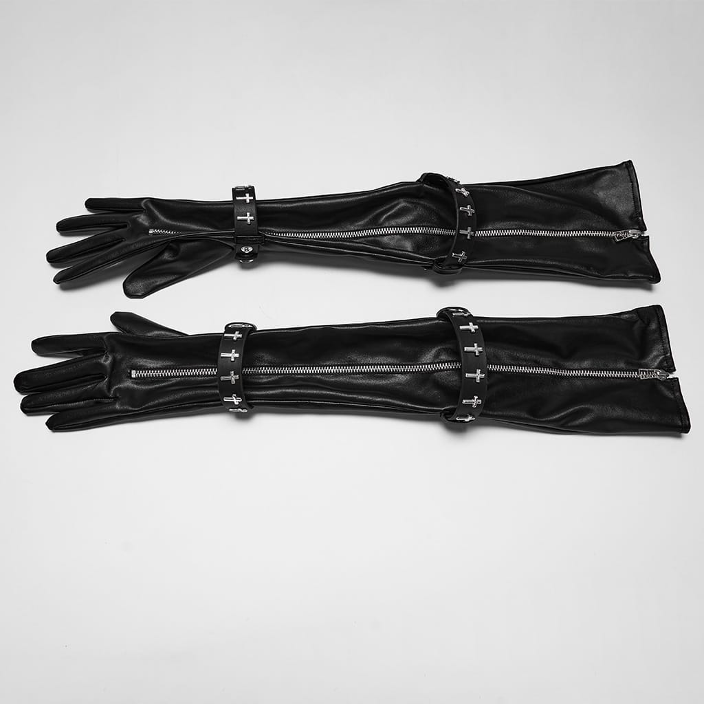 PUNK RAVE Women's Gothic Cross Strap Zipper Long Gloves