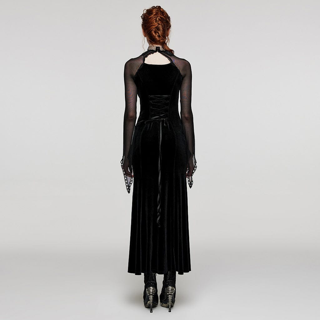 PUNK RAVE Women's Gothic Cutout Beaded Mesh Splice Velvet Dress