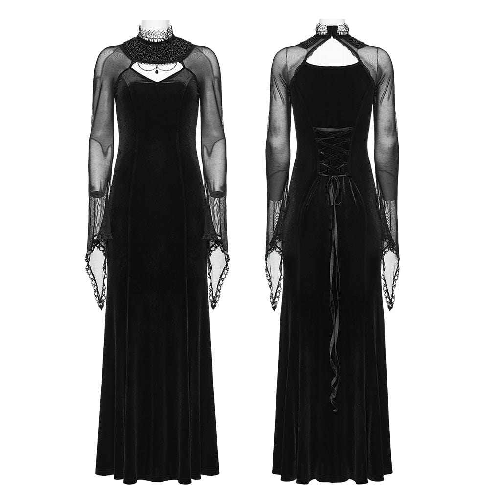 PUNK RAVE Women's Gothic Cutout Beaded Mesh Splice Velvet Dress