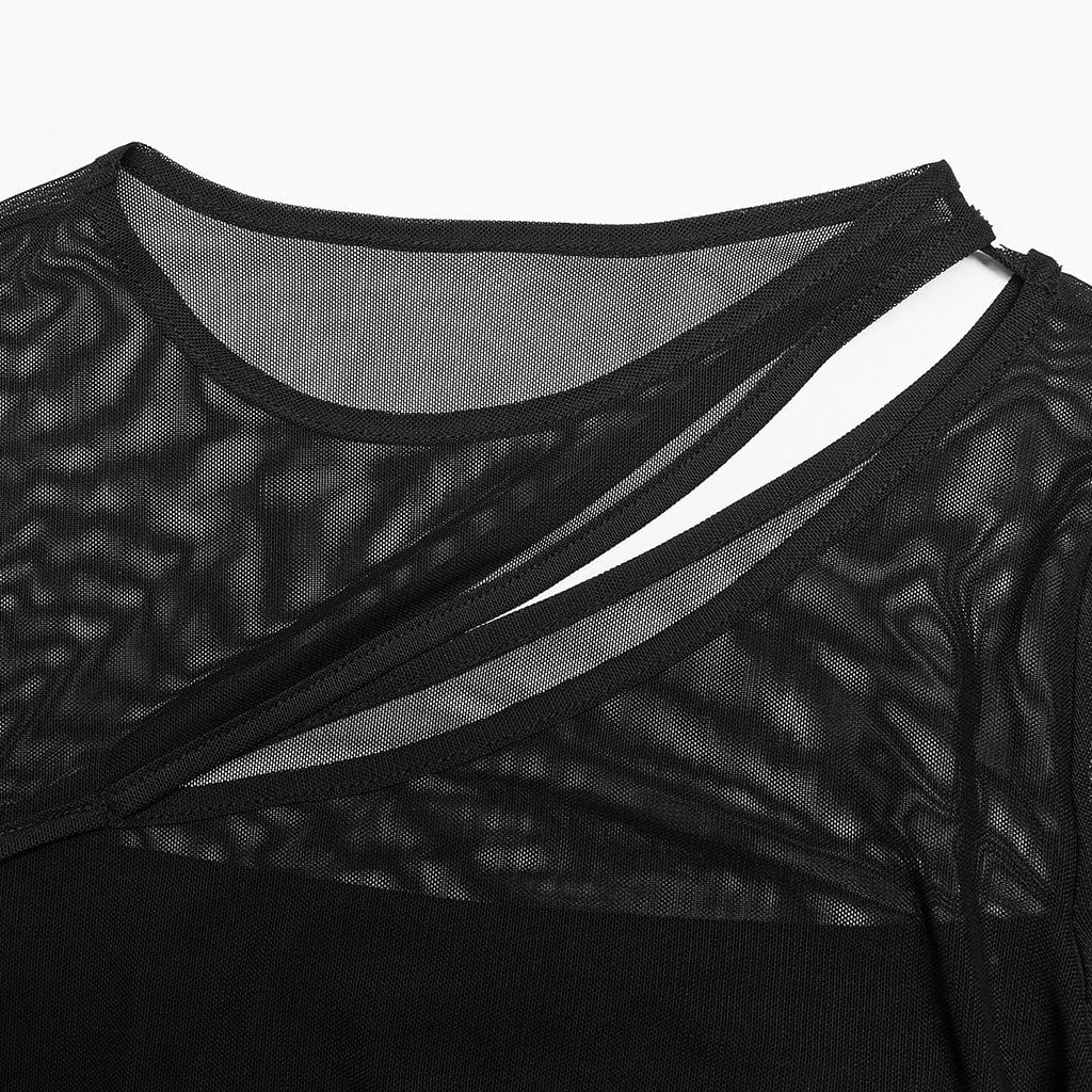 PUNK RAVE Women's Gothic Cutout Drawstring Mesh Shirt