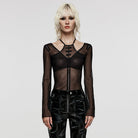 PUNK RAVE Women's Gothic Cutout Halterneck Mesh Shirt