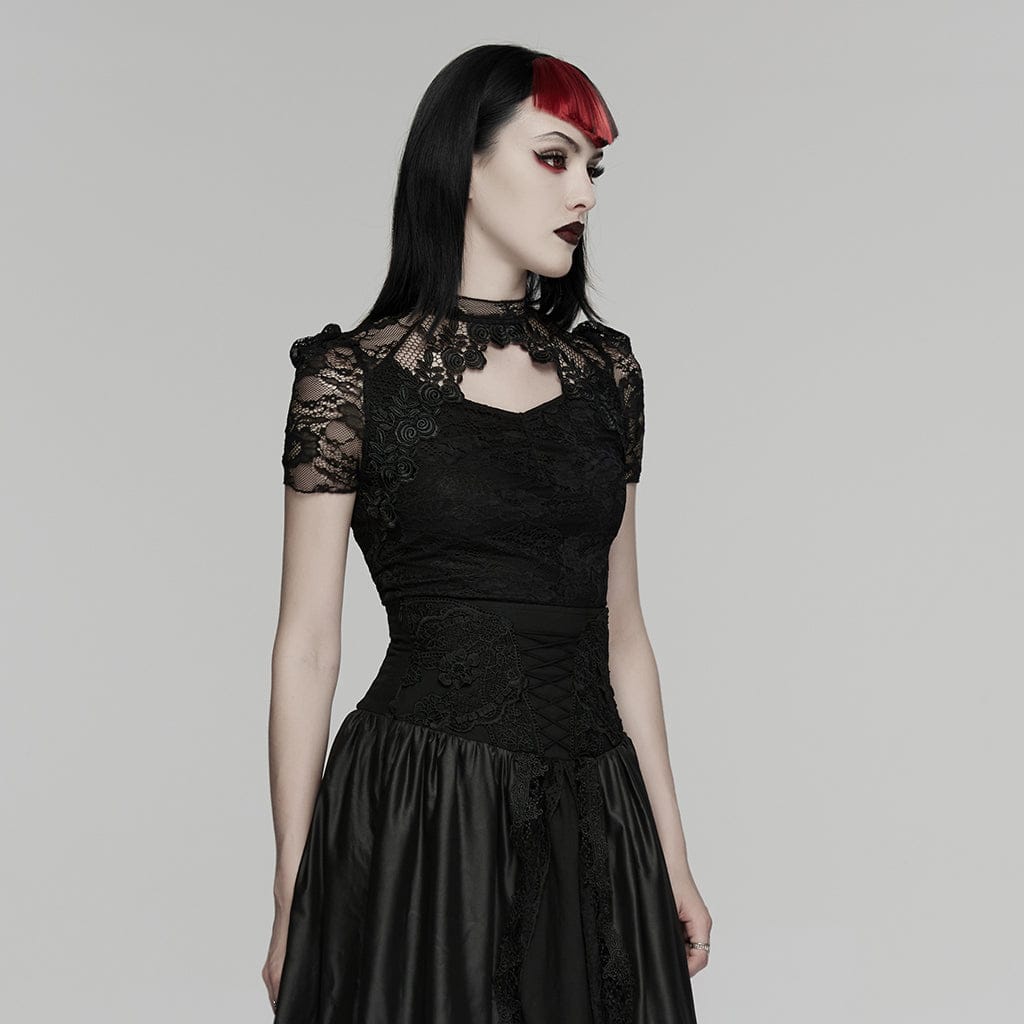PUNK RAVE Women's Gothic Cutout Lace Short Sleeved Top