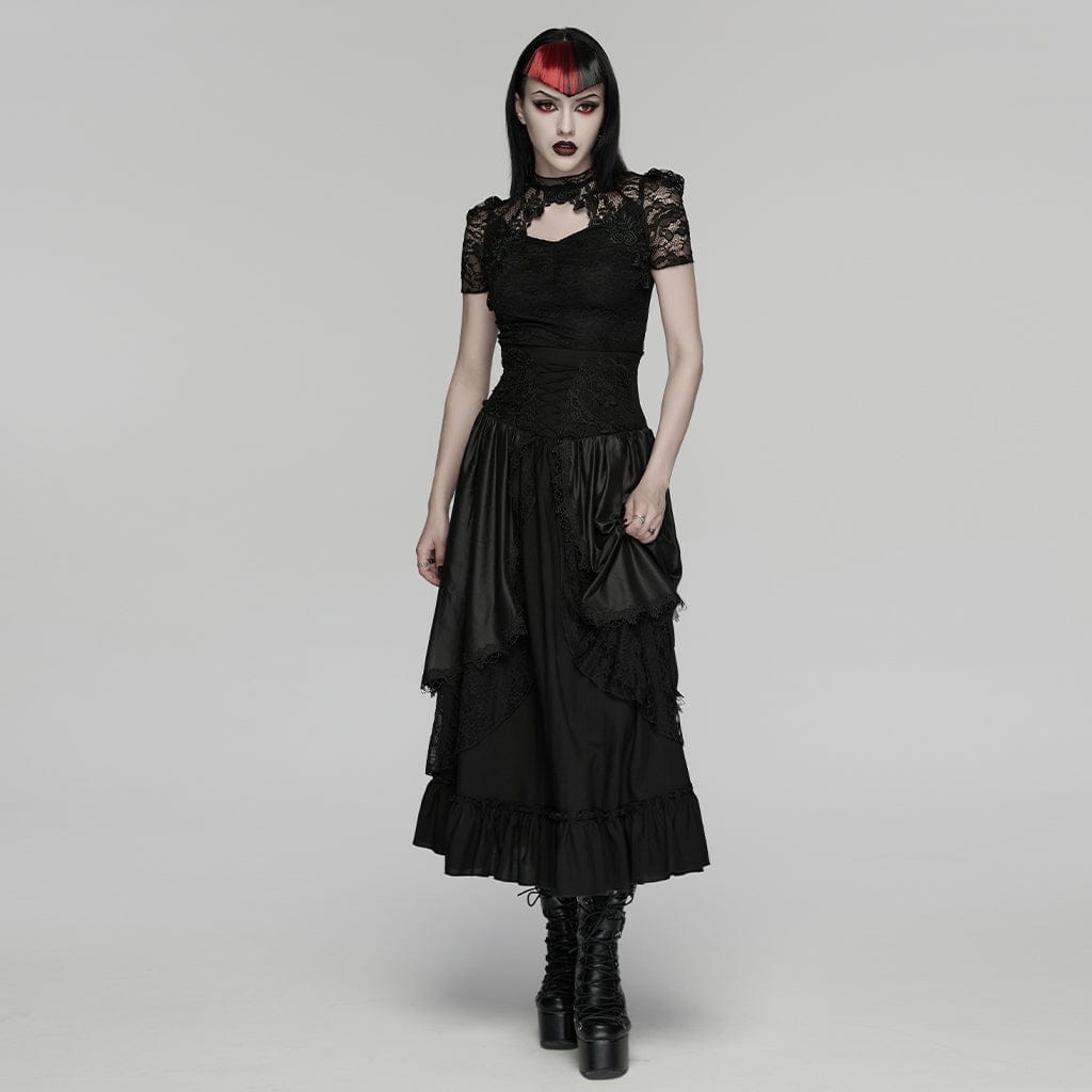 PUNK RAVE Women's Gothic Cutout Lace Short Sleeved Top