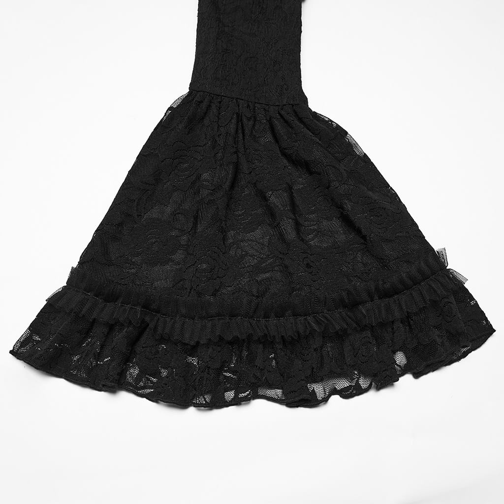 PUNK RAVE Women's Gothic Cutout Lace-up Chained Flare Sleeve Maxi Dress Black