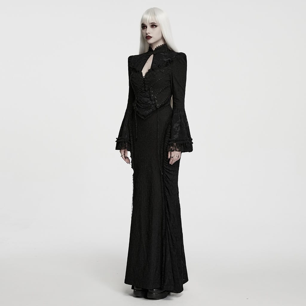 PUNK RAVE Women's Gothic Cutout Lace-up Chained Flare Sleeve Maxi Dress Black