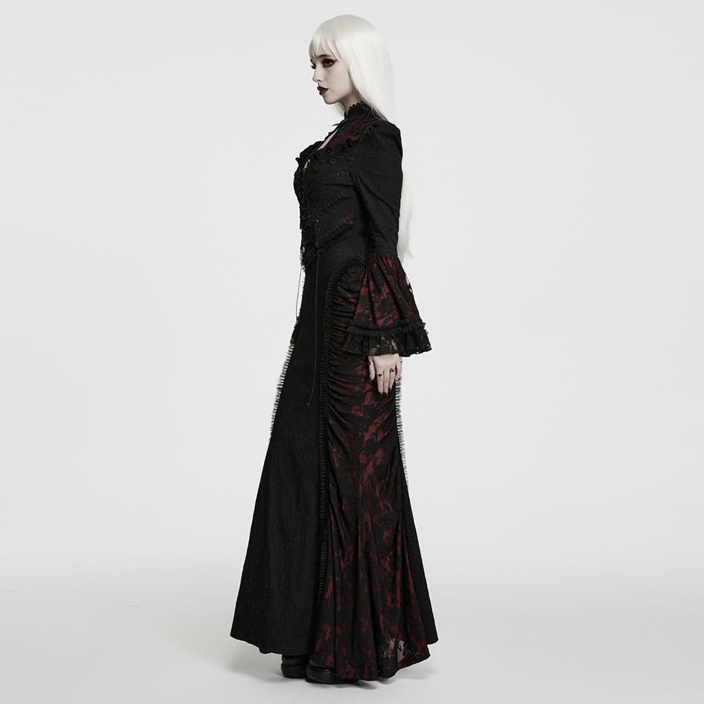 PUNK RAVE Women's Gothic Cutout Lace-up Chained Flare Sleeve Maxi Dress Black-Red