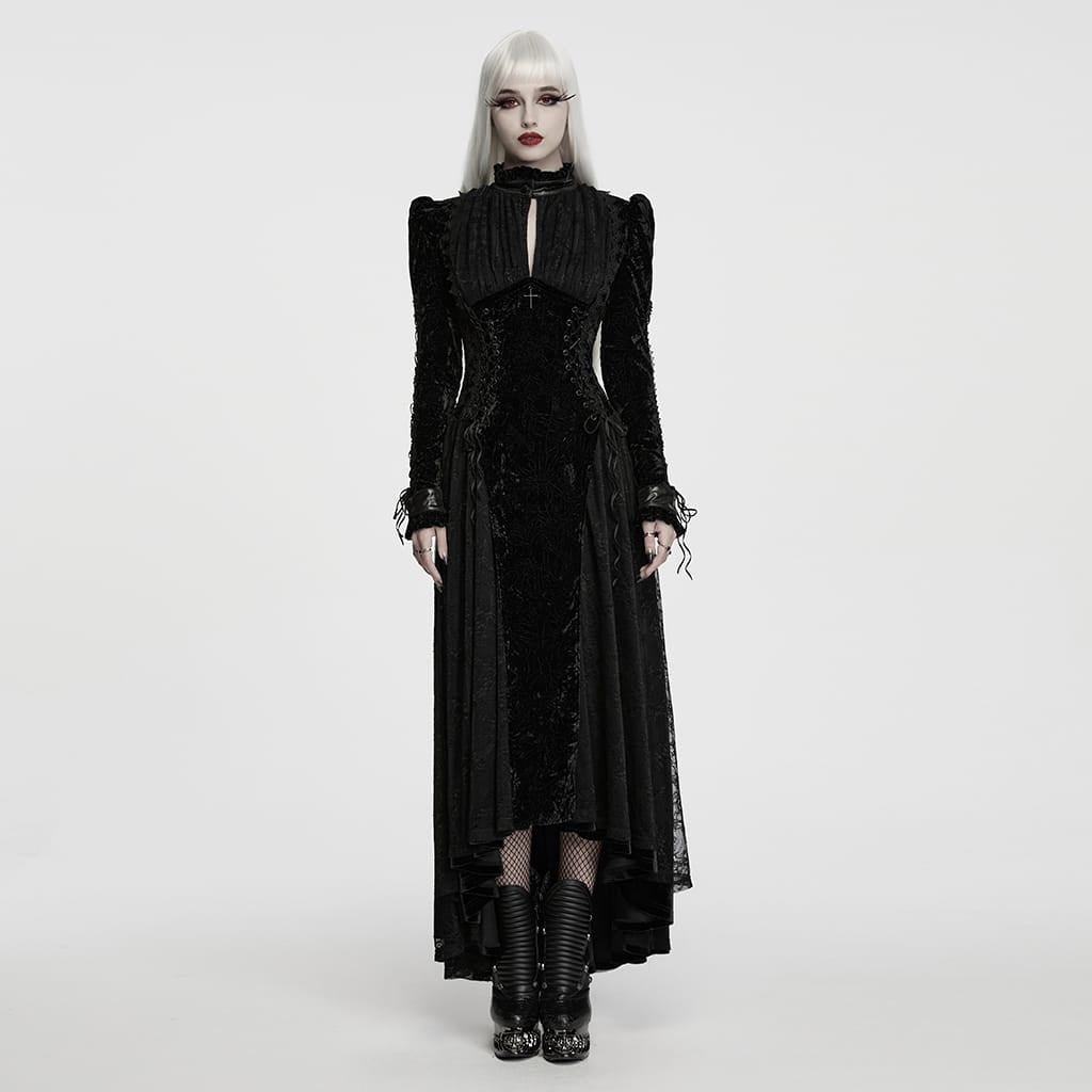 PUNK RAVE Women's Gothic Cutout Lace-up Irregular Hem Maxi Dress Black