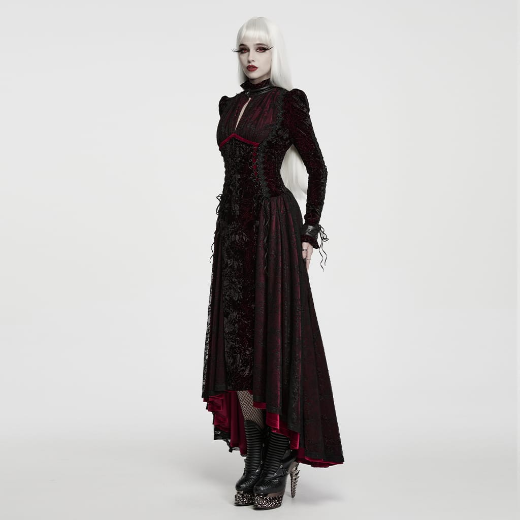 PUNK RAVE Women's Gothic Cutout Lace-up Irregular Hem Maxi Dress Black-Red