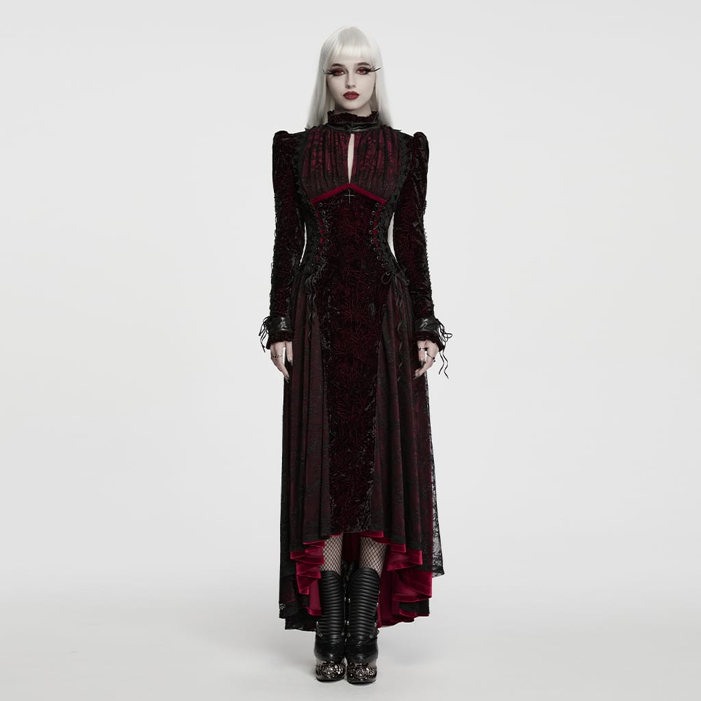 Women's Gothic Cutout Lace-up Irregular Hem Maxi Dress Black-Red – Punk Design