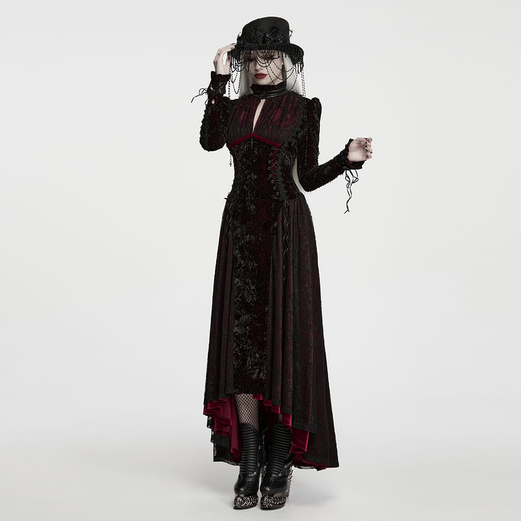 PUNK RAVE Women's Gothic Cutout Lace-up Irregular Hem Maxi Dress Black-Red