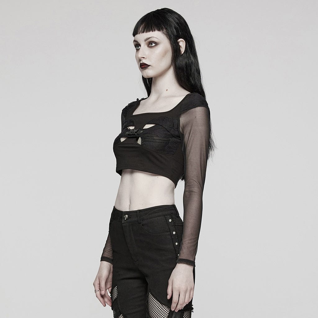 PUNK RAVE Women's Gothic Cutout Mesh Buckle Long Sleeved Crop Top