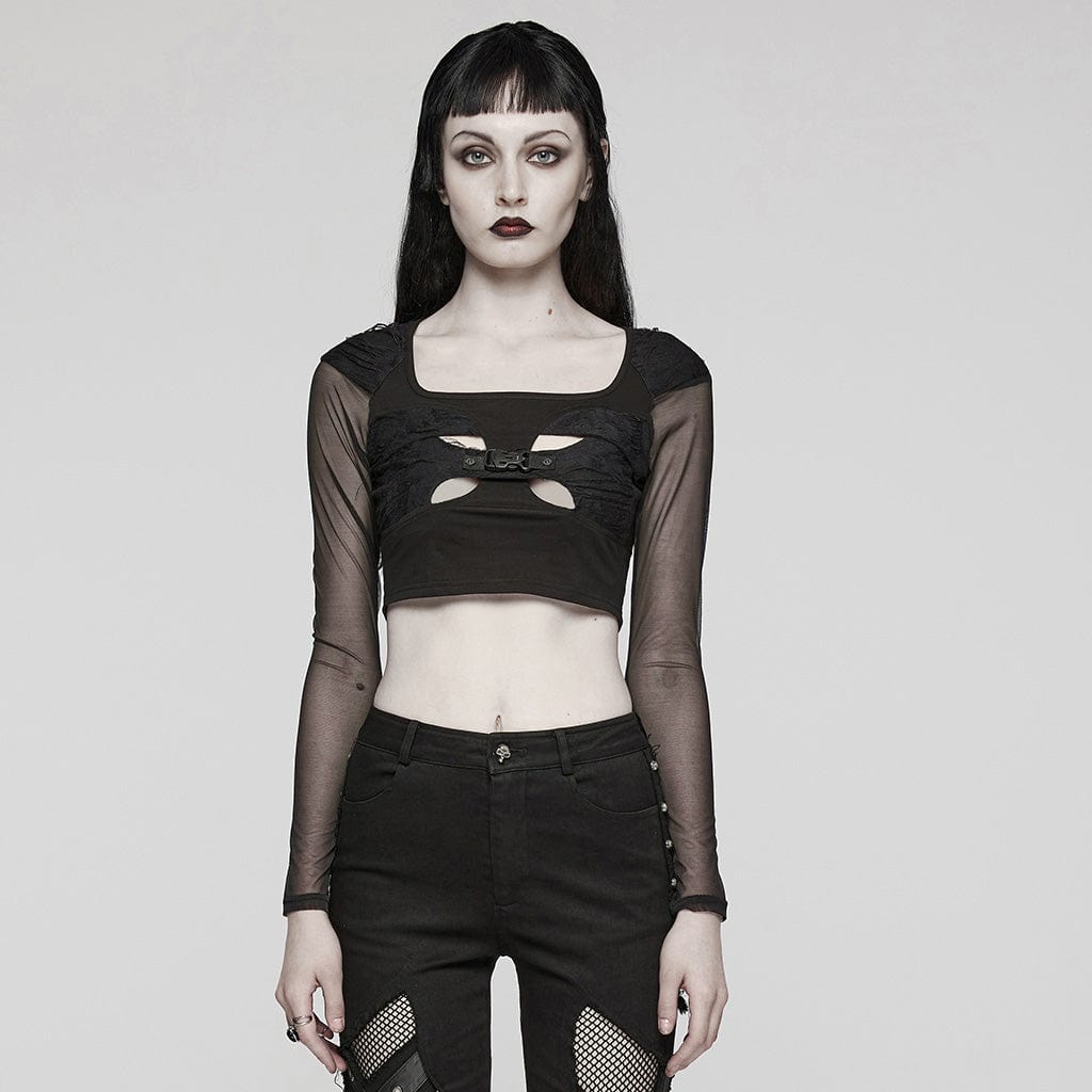 PUNK RAVE Women's Gothic Cutout Mesh Buckle Long Sleeved Crop Top