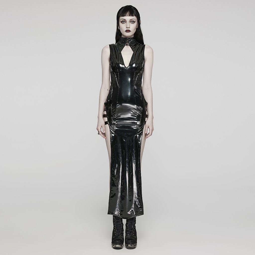 maxi latex dress Women's Gothic Cutout Side Slit Buckle Maxi Dress – Punk Design