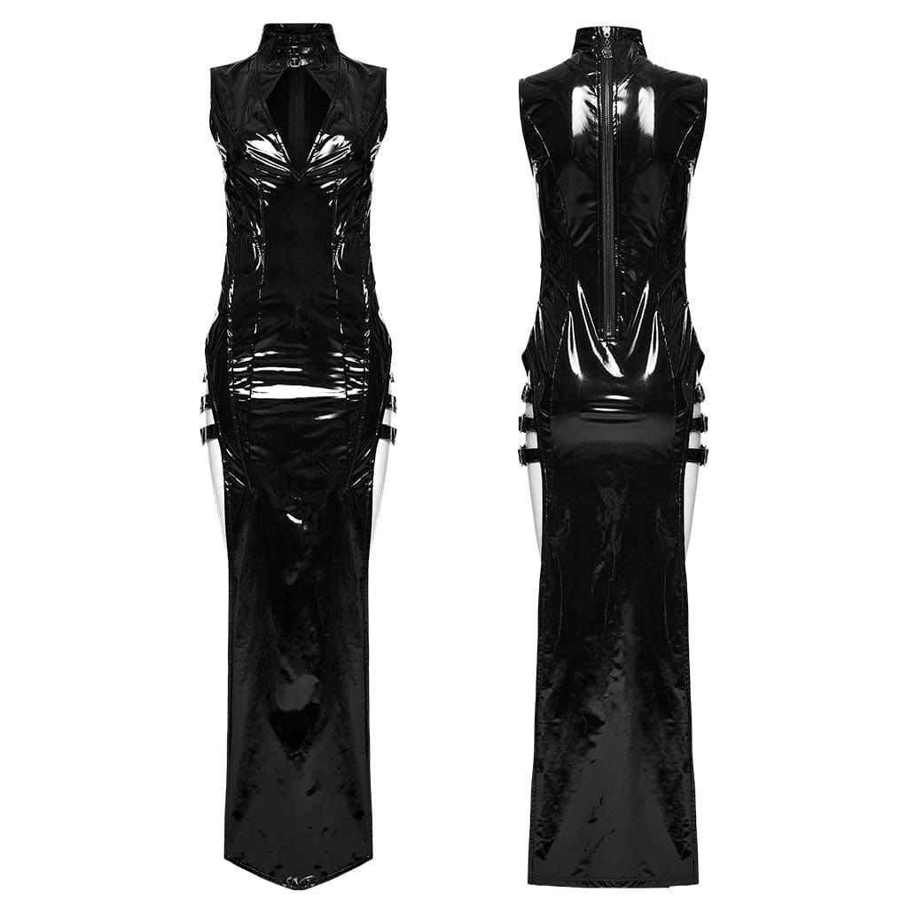 PUNK RAVE Women's Gothic Cutout Side Slit Buckle Maxi Dress