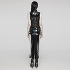 PUNK RAVE Women's Gothic Cutout Side Slit Buckle Maxi Dress Black-Red